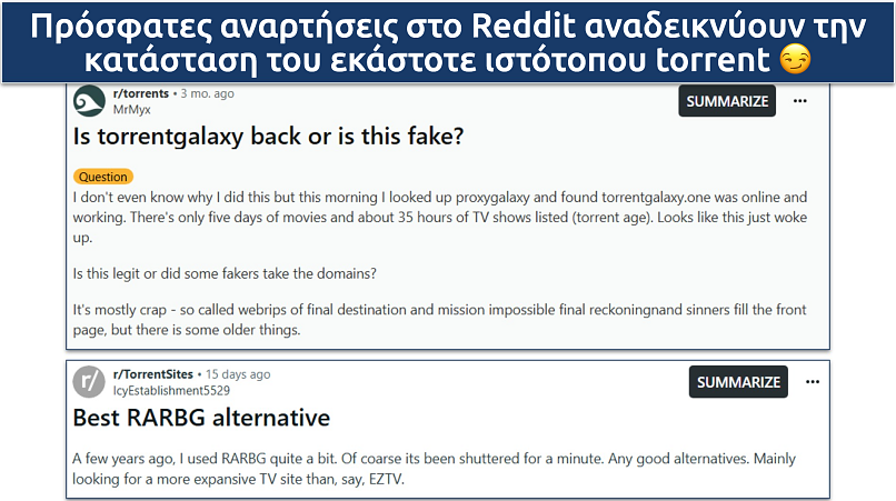 Screenshot of Reddit posts talking about TorrentGalaxy and RARBG